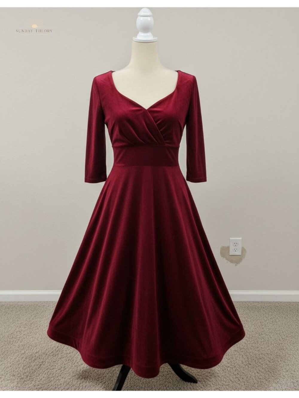 Womens Velvet Long Sleeve Formal Midi Dress Sweetheart Neckline